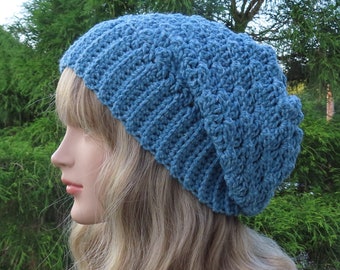 Frosted Blue Heather Crochet Hat, Womens Slouchy Beanie, Slouchy Hat, Oversized Slouch Beanie, Winter Hat, Blue Slouch Hat