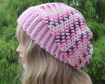 Sombrero de ganchillo en hilo de caramelo rosa multicolor, gorro Slouchy de mujer, gorro Slouch de gran tamaño, sombrero Slouchy, sombrero de invierno, sombrero Slouch