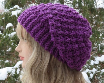 Dark Orchid Crochet Hat, Womens Slouchy Beanie, Slouchy Hat, Oversized Slouch Beanie, Chunky Hat, Winter Hat, Purple Slouch Hat