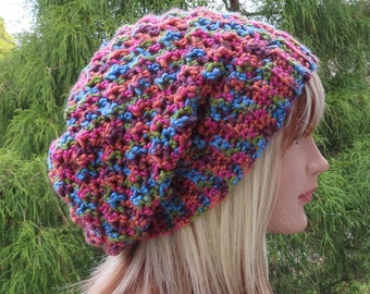 Crochet Hat in Wildflowers, Womens Slouchy Beanie, Oversized Slouch Beanie, Slouchy Hat, Winter Hat, Multicolor Slouch Hat