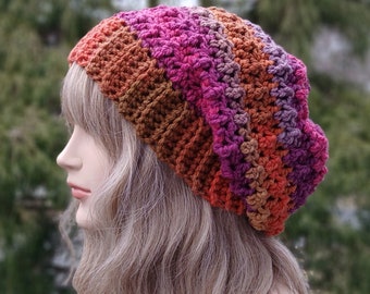 Crochet Hat in Autumn Sunset, Womens Slouchy Beanie, Oversized Slouch Beanie, Slouchy Hat, Winter Hat, Multicolor Slouch Hat, Chunky Hat