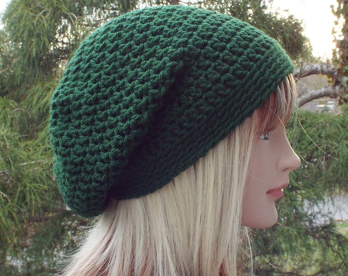 Dark Green Slouchy Beanie, Womens Crochet Hat, Oversized Slouch Beanie ...