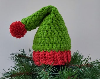 Stocking Hat Tree Topper, Crochet Christmas Decoration, Elf Green and Red Christmas Tree Topper, Holiday Decor