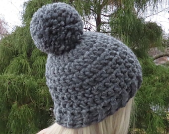 Gray Heather Crochet Hat, Womens Beanie, Winter Hat with Pompom, Chunky Hat, Grey Ski Hat, Winter Accessories