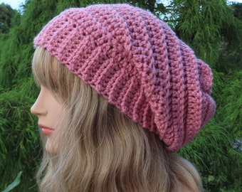 Rose Pink Crochet Hat, Womens Slouchy Beanie, Boho Slouchy Hat, Oversized Slouch Beanie, Chunky Hat, Winter Hat, Slouch Hat