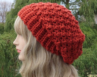 Burnt Orange Crochet Hat, Womens Slouchy Beanie, Oversized Slouchy Beanie, Slouchy Hat, Winter Hat, Rust Slouch Hat, Textured Hat