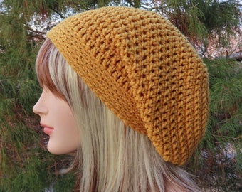 Mustard Slouchy Beanie, Womens Crochet Hat, Slouch Beanie, Hipster Hat, Oversized Slouch Hat, Baggy Beanie, Yellow Slouchy Hat