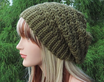 Olive Green Crochet Hat, Womens Slouchy Beanie, Slouchy Hat, Oversized Slouch Beanie, Chunky Hat, Winter Hat, Slouch Hat