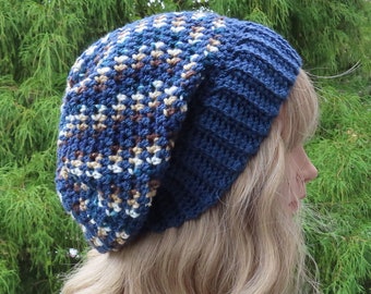 Crochet Hat in Deep Sea Blue Multicolor, Womens Slouchy Beanie, Oversized Slouch Beanie, Slouchy Hat, Winter Hat, Slouch Hat