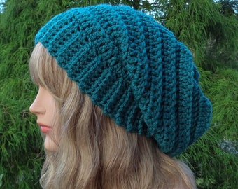 Teal Crochet Hat, Womens Slouchy Beanie, Boho Slouchy Hat, Oversized Slouch Beanie, Chunky Hat, Winter Hat, Blue Green Slouch Hat