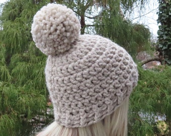 Oatmeal Crochet Hat, Womens Beanie, Winter Hat with Pompom, Chunky Hat, Beige Ski Hat, Winter Accessories