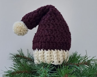 Stocking Hat Tree Topper, Crochet Christmas Decoration, Dark Burgundy and Cream Christmas Tree Topper, Holiday Decor