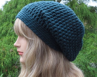 Dark Blue Green Slouchy Beanie, Womens Crochet Hat, Oversized Slouch Beanie, Chunky Hat, Slouchy Hat, Winter Hat, Slouch Hat