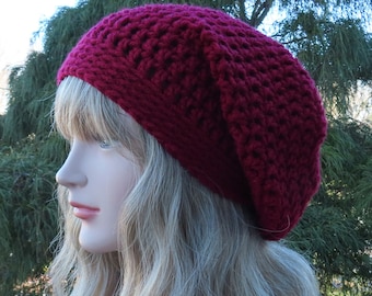 Red Wine Slouchy Beanie, Womens Crochet Hat, Oversized Slouch Beanie, Chunky Hat, Slouchy Hat, Winter Beanie, Deep Cranberry Slouch Hat