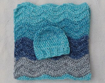 Blue and Gray Stroller Blanket with Newborn Hat, Car Seat Afghan with Beanie, Baby Hat and Blanket Set, Baby Boy or Girl Gift, Ready to Ship