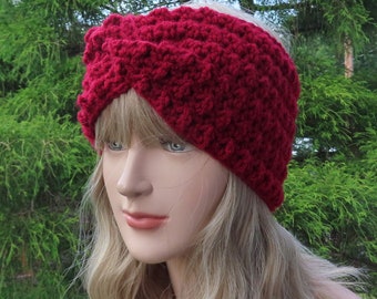 Garnet Red Twisted Headband, Womens Ear Warmer, Crochet Headband, Boho Head Wrap, Womens Ski Band, Earwarmer, Winter Headband