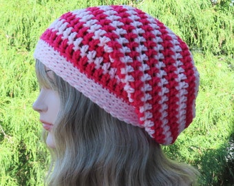 Pink Stripe Slouchy Beanie, Womens Crochet Hat, Oversized Slouch Beanie, Baggy Beanie, Slouchy Hat, Winter Hat, Slouch Hat