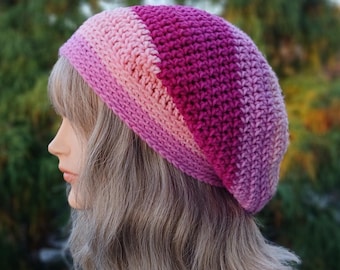 Magenta and Pink Slouchy Beanie, Womens Crochet Hat, Boho Slouchy Hat, Oversized Slouch Beanie, Hipster Hat, Slouch Hat, Pink Beanie