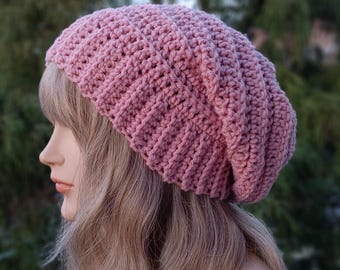 Rose Pink Crochet Hat, Womens Slouchy Beanie, Boho Slouchy Hat, Oversized Slouch Beanie, Winter Hat, Slouch Hat
