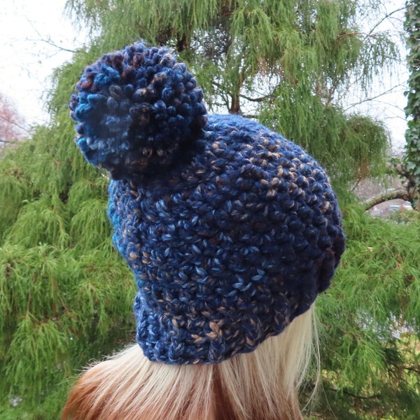 Navy Blue Tweed Crochet Hat, Womens Beanie, Winter Hat with Pompom, Chunky Hat, Ski Hat, Winter Accessories