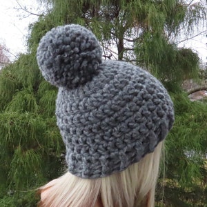 Gray Heather Crochet Hat, Womens Beanie, Winter Hat with Pompom, Chunky Hat, Grey Ski Hat, Winter Accessories