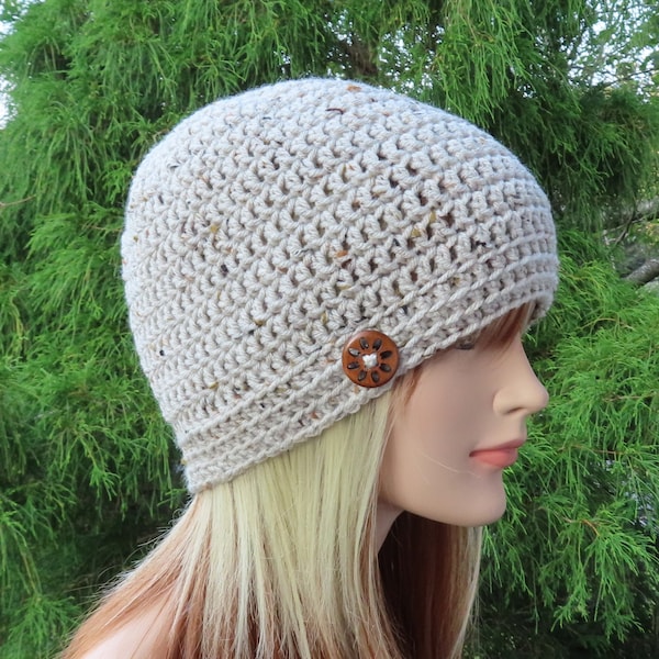 Womens Beanie, Oatmeal Tweed Crochet Hat, Winter Hat with Button, Beige Ski Hat, Skull Cap, Winter Accessories