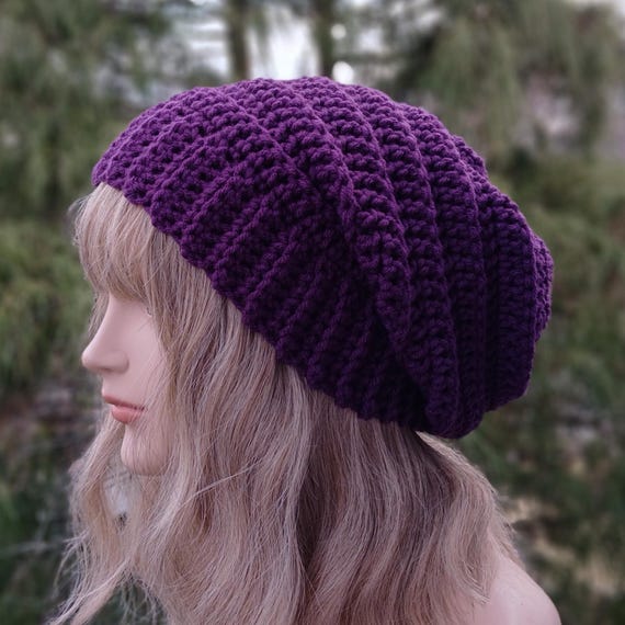 Women\'s Crochet Knitted Style Beanie Slouchy Hat Dark Purple Dark Purple Crochet Hat, Womens Slouchy Beanie, Boho Slouchy  main image 3