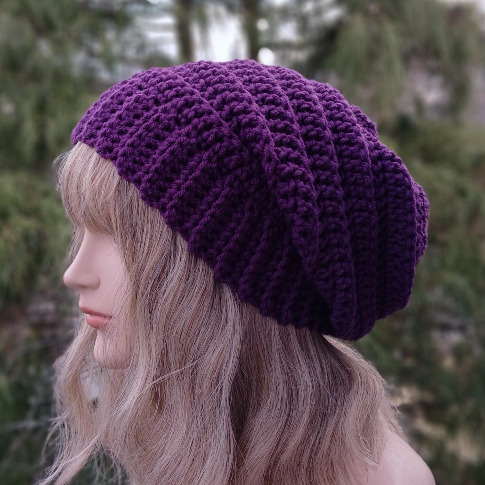 Women\'s Crochet Knitted Style Beanie Slouchy Hat Dark Purple Slouchy Crochet Beanie: Purple, One Size Fit All, Size  main image 3