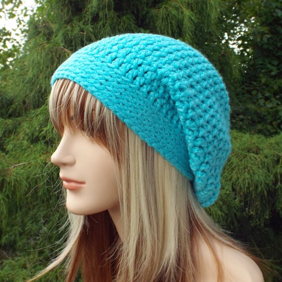 Aqua Blue Slouchy Beanie Womens Crochet 
