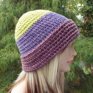 Lime Green and Purple Crochet Hat, Womens Beanie, Fitted Hat with Folded Brim, Winter Hat, Color Block Beanie, Winter Accessories image 3