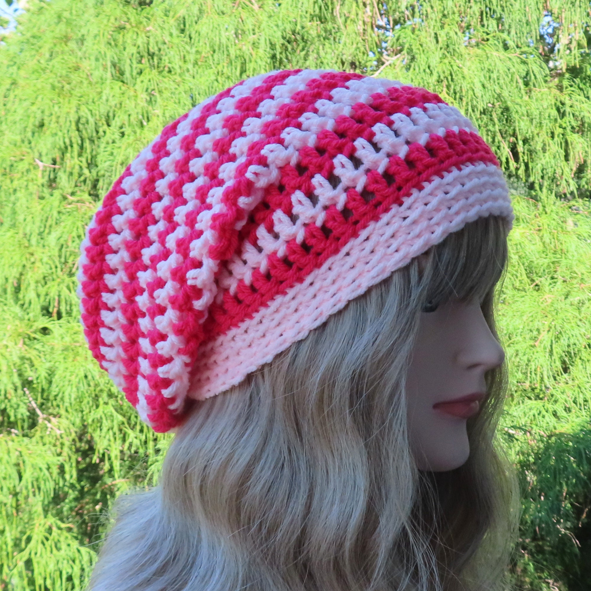 Pink Stripe Slouchy Beanie, Womens Crochet Hat, Oversized  display picture 2