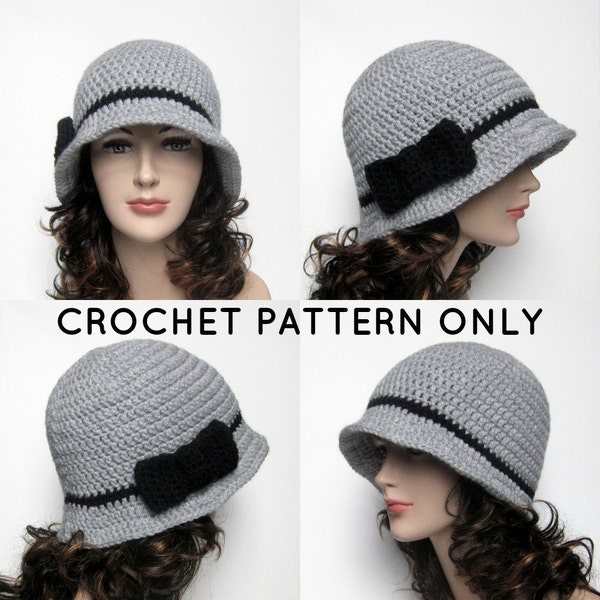 PDF Crochet Pattern, Cloche Hat with Bow, Womens Flapper Hat, Bucket Hat, Instant Download