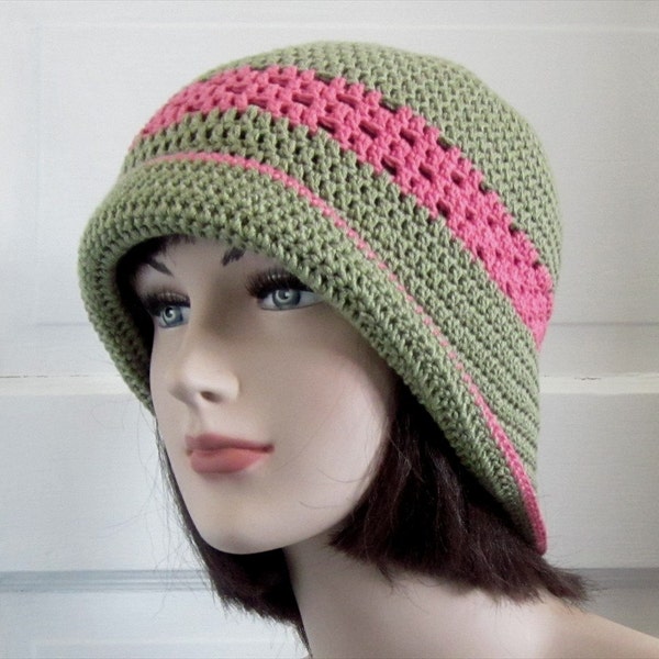 Green Pink Summer Crochet Hat - Womens Cloche - Ladies Flapper Hat
