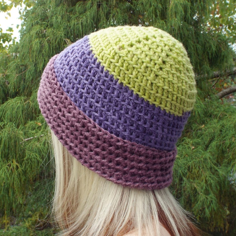 Lime Green and Purple Crochet Hat, Womens Beanie, Fitted Hat with Folded Brim, Winter Hat, Color Block Beanie, Winter Accessories image 2