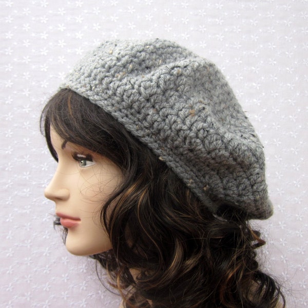 Gray Beret Crochet Hat - Womens Tweed Tam - Fall Winter Fashion Accessories