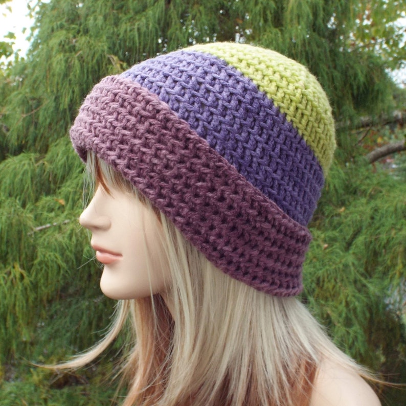 Lime Green and Purple Crochet Hat, Womens Beanie, Fitted Hat with Folded Brim, Winter Hat, Color Block Beanie, Winter Accessories image 1