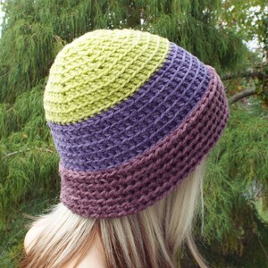 Lime Green and Purple Crochet Hat, Womens Beanie, Fitted Hat with Folded Brim, Winter Hat, Color Block Beanie, Winter Accessories image 4