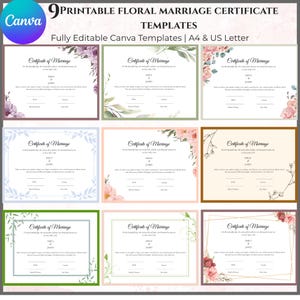 Peut inclure: Un ensemble de neuf modèles de certificats de mariage imprimables avec divers motifs floraux et bordures. Le texte indique 9 PRINTABLE FLORAL MARRIAGE CERTIFICATE TEMPLATES Fully Editable Canva Templates | A4 & US Letter.