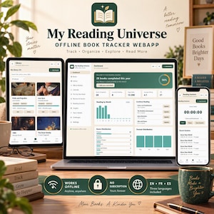 Puede incluir: Una aplicación web de seguimiento de libros mostrada en un portátil, tableta y teléfono inteligente. La interfaz presenta un panel con estadísticas de lectura, listas de libros y barras de progreso. El texto incluye My Reading Universe.