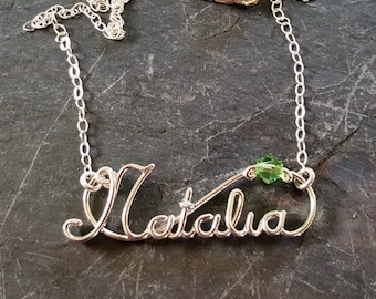 BIRTHSTONE, Crystal, Sterling Silver, CUSTOM, Wire, Word, Name, Special, Word Necklace
