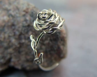 Rose and Leaf Ring in Sterling Silver Handcrafted Romantic Whimsical Gift for Mom Daughter Friend or Significant Other Love