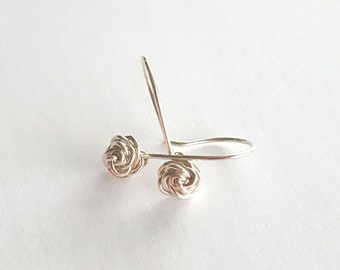 Sterling Silver, Earrings, Wire, Rose, Handmade, Dangle