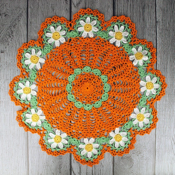 Crocheted Fall Autumn Spring Orange White Yellow Green Daisy Table Topper Doily - 19"