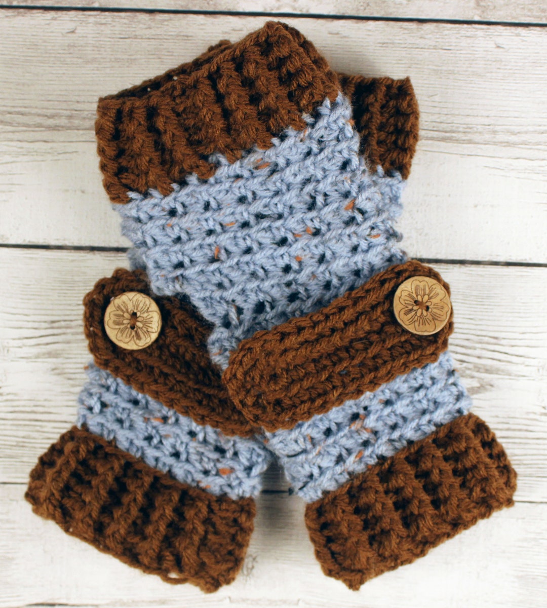 Crocheted Blue Fleck Dark Brown Fingerless Gloves With Button Etsy