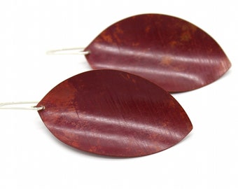 Memory Leaf Red Hido patina copper textured earrings with silver earwire