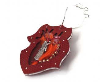 Anatomical Heart Joan of Arc Reliquary Fibula Brooch pin with Red Patinated Copper and Silver