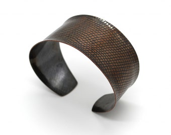 Slither Wide copper Black patina cuff bracelet fits 7 inch wrist snake pattern