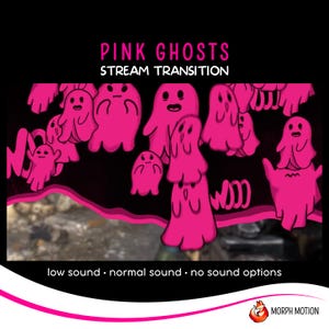 May include: Pink cartoon ghosts with various expressions and poses on a black background. The text "PINK GHOSTS STREAM TRANSITION" is at the top of the image. The text "low sound - normal sound - no sound options" is at the bottom of the image.