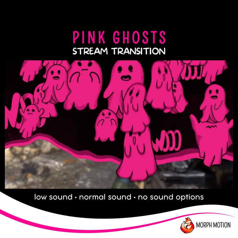 May include: Pink cartoon ghosts with various expressions and poses on a black background. The text "PINK GHOSTS STREAM TRANSITION" is at the top of the image. The text "low sound - normal sound - no sound options" is at the bottom of the image.