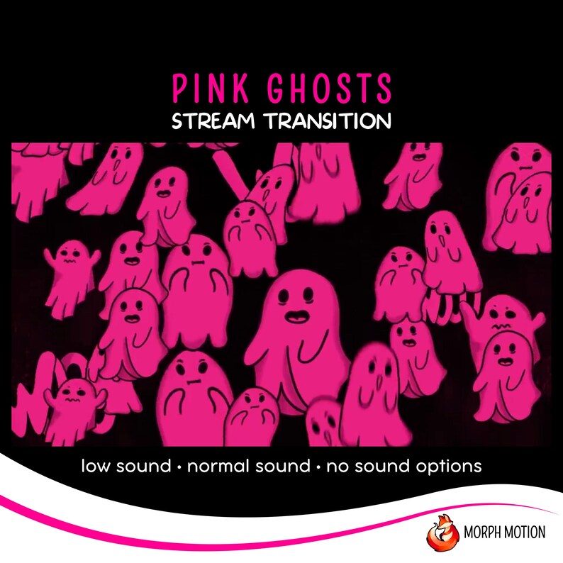 May include: Pink ghosts transition effect for streaming. The image shows a black background with pink ghosts of various sizes and shapes. The text "PINK GHOSTS STREAM TRANSITION" is at the top of the image. The text "low sound - normal sound - no sound options" is at the bottom of the image.
